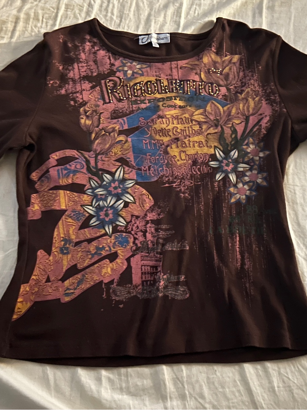 Dressbarn Vintage Womens XL Brown Floral Graphic 3/4” Sleeve Tee - Picture 9 of 9